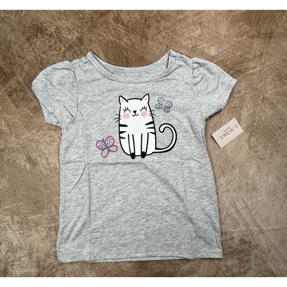 Grey T-Shirt With Kitty And Butterflies Size 4T By Garanimals